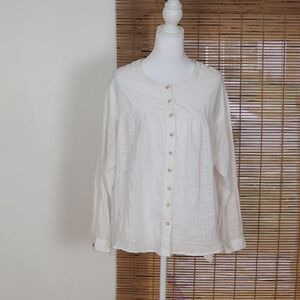 Pilco Anthropologie Button Front Blouse Sz Medium White Cotton Swiss Dot Sheer